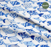 Digitally Printed Fabric with Watercolor Blue Patterned Fish Pattern